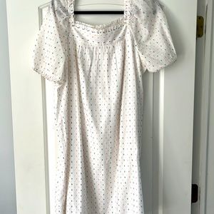 Loft square neck dress.  White with navy, khaki, coral and pale pink print